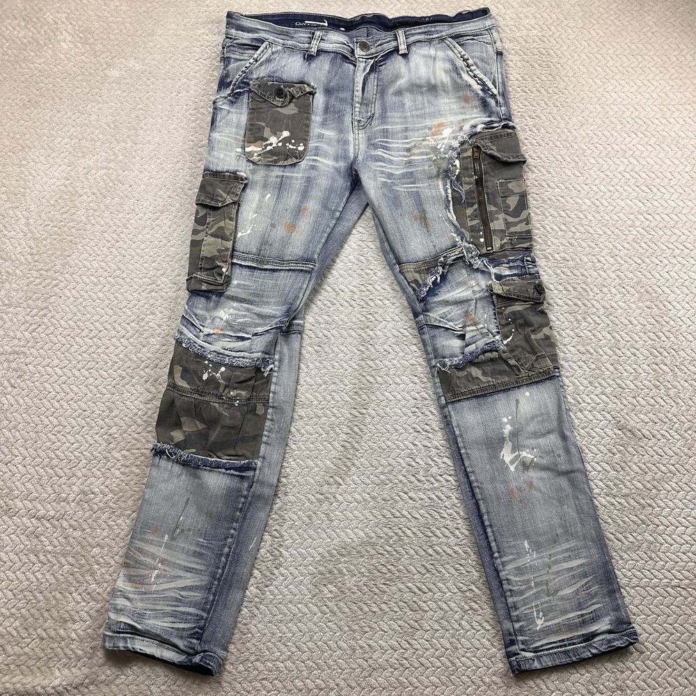 Copper Rivet 38x34 Blue Camo Paint Splash Denim Jeans Cargo Street Wear 140689